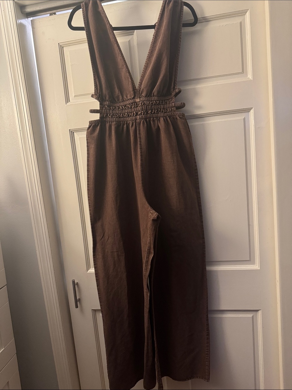 Deep V-Neck Brown Wide-Leg Jumpsuit with Elastic Waist